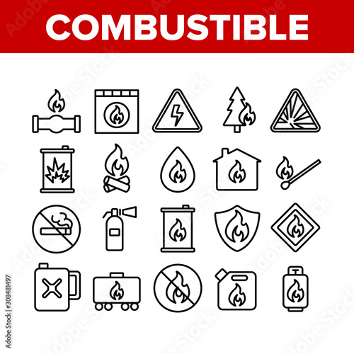 Combustible Products Collection Icons Set Vector Thin Line. Burning Gaz From Pipe, Flame On Mark And Shield, Warning Combustible Things Concept Linear Pictograms. Monochrome Contour Illustrations