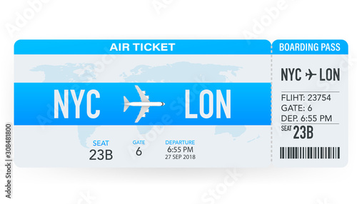 Airline boarding pass tickets to plane for travel journey. Airline tickets. Vector stock illustration.