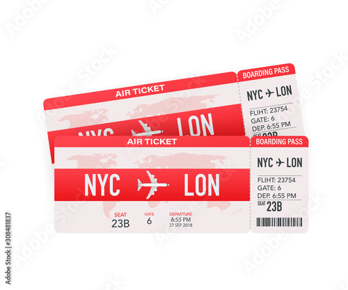 Airline boarding pass tickets to plane for travel journey. Airline tickets. Vector stock illustration.
