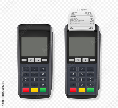 Payment terminal mockup. Pos terminal with blank screen. Cash register. Vector stock illustration