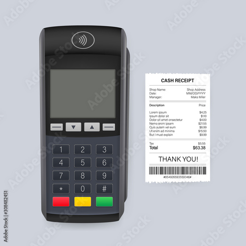 Payment terminal mockup. Pos terminal with blank screen. Cash register. Vector stock illustration