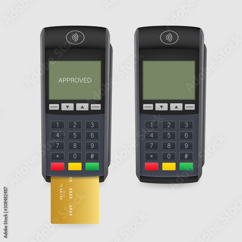 Payment terminal mockup. Pos terminal with blank screen. Cash register. Vector stock illustration