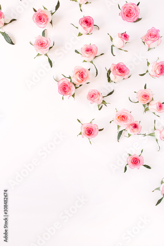Wallpaper Mural Flat lay pink rose flower buds and leaves pattern on white background. Top view. Torontodigital.ca