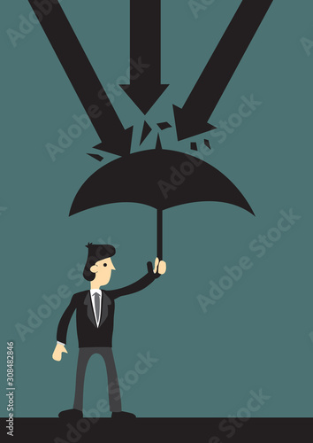Businessman holding an umbrella protecting himself from danger. Concept of security, business and economic protection.