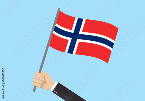 Norway waving flag. Hand holding Norwegian flag. National symbol. Vector illustration. 