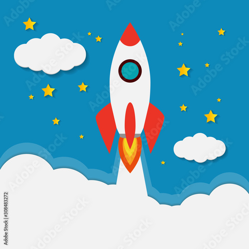 Red and white rockets flying in the sky with white clouds. Red white rockets flying into the night sky full of stars and yellow moons to travel into space.