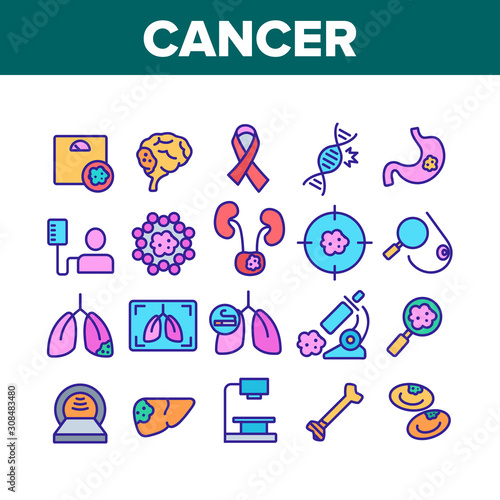 Cancer Anatomy Disease Collection Icons Set Vector Thin Line. Cancer Of Stomach And Lungs, Bones And Breasts, Brain And Liver Concept Linear Pictograms. Color Contour Illustrations