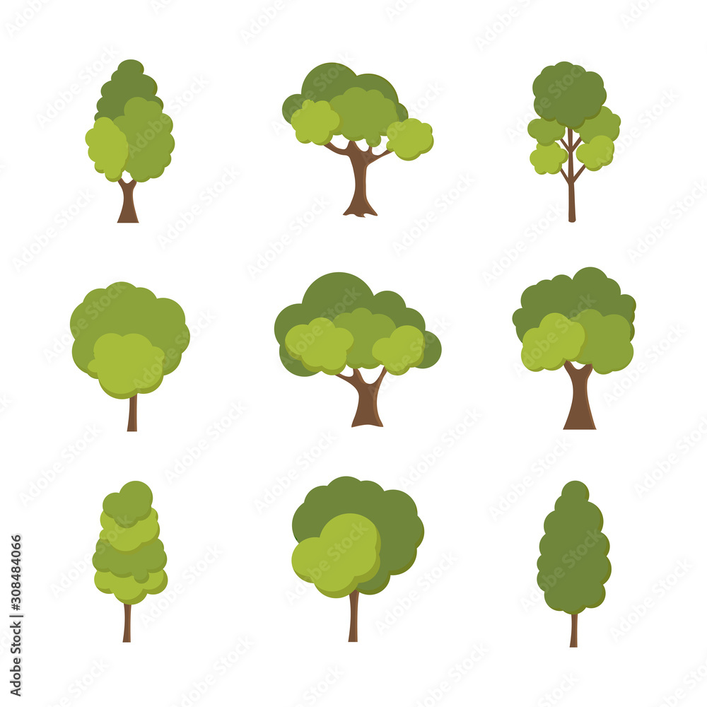 Fototapeta premium Zielone drzewo Płodne Różnorodność form na białym tle, zestaw różnych zestawów drzew, drzewa do dekoracji ogrodów i projektów domów. Ilustracja wektorowa i ikona