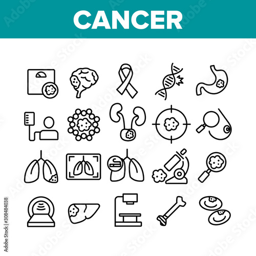 Cancer Anatomy Disease Collection Icons Set Vector Thin Line. Cancer Of Stomach And Lungs, Bones And Breasts, Brain And Liver Concept Linear Pictograms. Monochrome Contour Illustrations