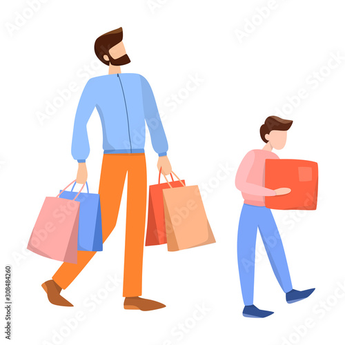 Man shopping with his son. Grocery or fashion store. Customer with shopping bags