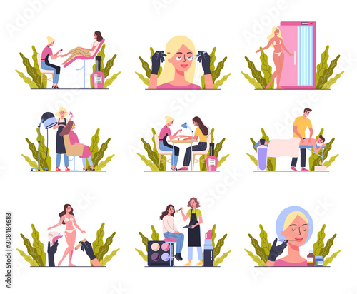 Beauty center service concept. Beauty salon visitors having diffrent procedure.