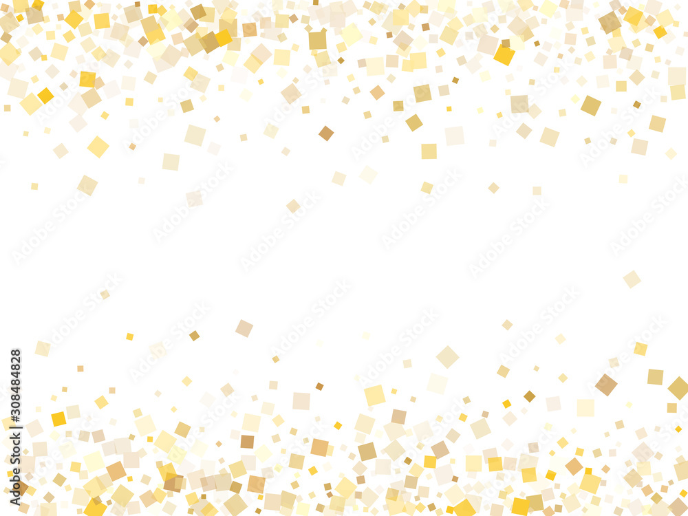 Chaotic gold square confetti sparkles flying on white. Luxurious holiday vector sequins background. Gold foil confetti party decoration space. Light dust pieces invitation backdrop.