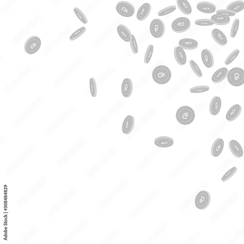 Russian ruble coins falling. Scattered black and w Russian ruble coins falling. Scattered black and w