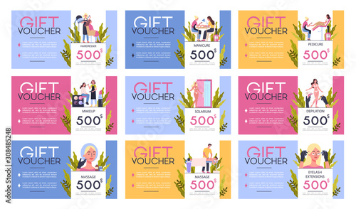 Gift voucher for beauty center concept. Beauty salon voucher for procedure.