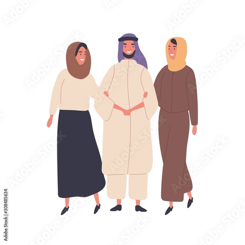 Muslim family flat vector illustration. People in national clothes, polygamy, Islamic marriage tradition, culture features concept. Two women in hijab holding man under arms cartoon characters.