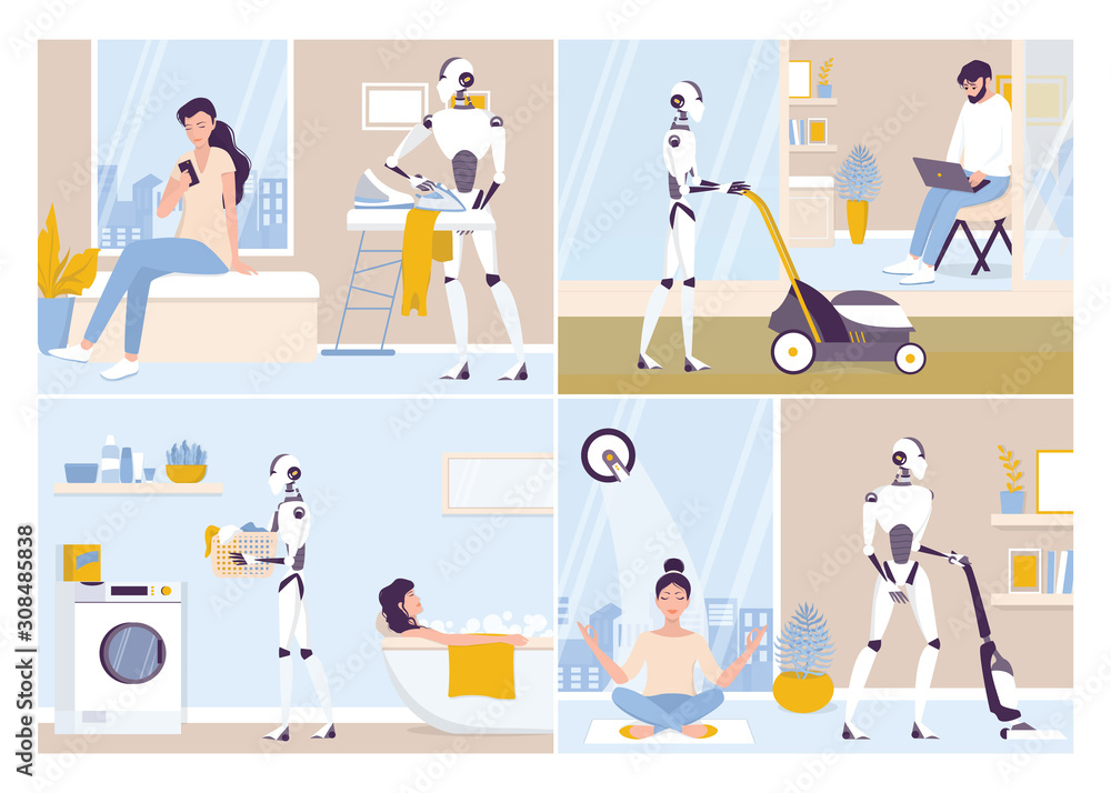 Robot doing housework. Robotic housekeeping. Robot doing home cleanup, laundry. Robot doing housework. Robotic housekeeping. Robot doing home cleanup, laundry.