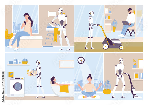 Robot doing housework. Robotic housekeeping. Robot doing home cleanup, laundry.