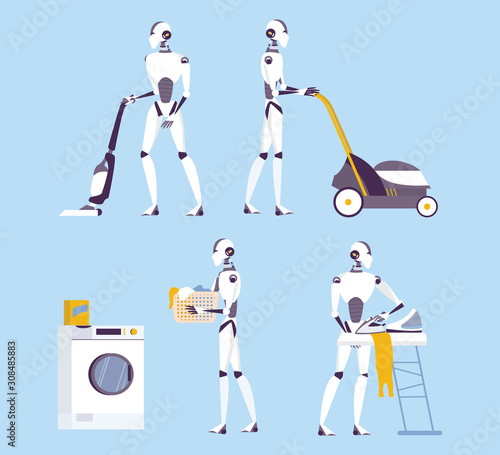 Robot doing housework. Robotic housekeeping. Robot doing home cleanup, laundry.