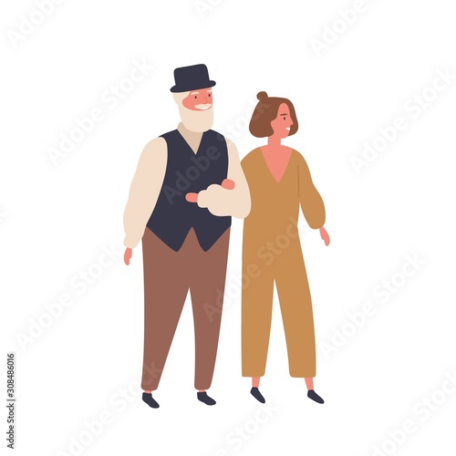 Couple with a big age difference flat vector illustration. Smiling pair walki...