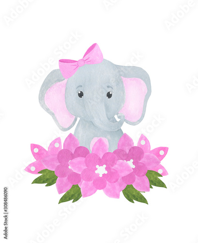 Greeting card Cute little elephant and flowers watercolor illustration animals © Ирина Шишкова