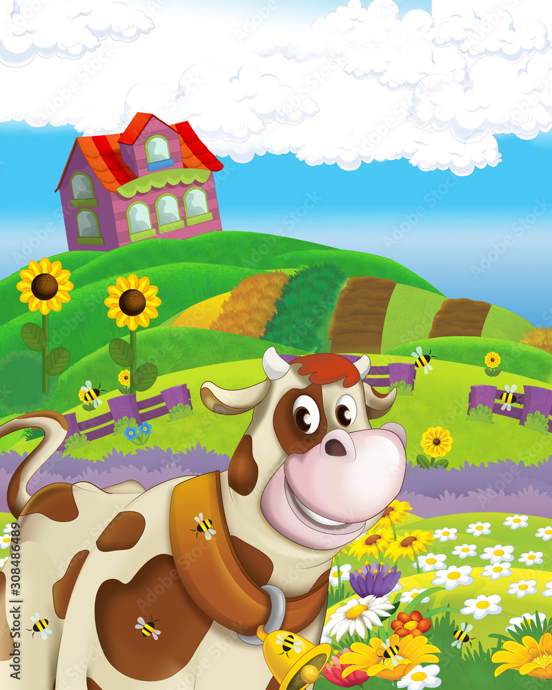 Naklejka premium cartoon scene with cow having fun on the farm on white background - illustration for children