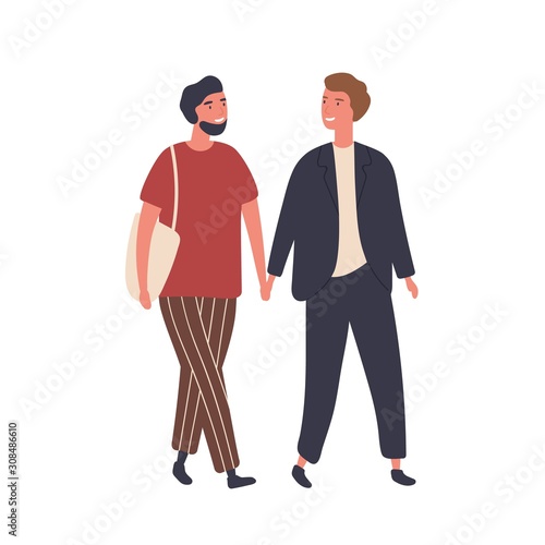 Gay couple flat vector illustration. Homosexual male pair, young boys in love...