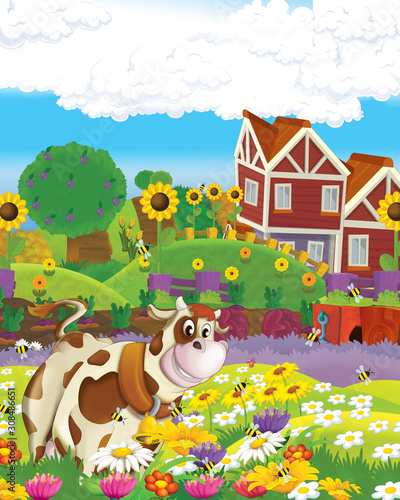 cartoon scene with cow having fun on the farm on white background - illustration for children