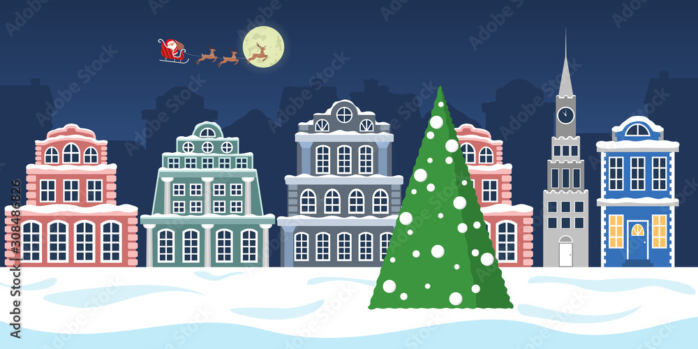 Fototapeta Christmas winter town vector illustration. Christmas tree