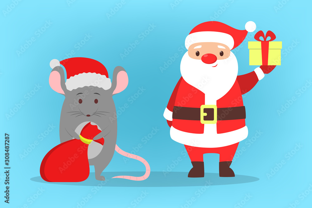Happy Santa Claus holding a Christmas present Happy Santa Claus holding a Christmas present