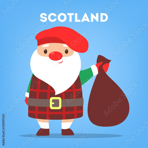 Cute funny Santa Claus wearing national costume of Scotland