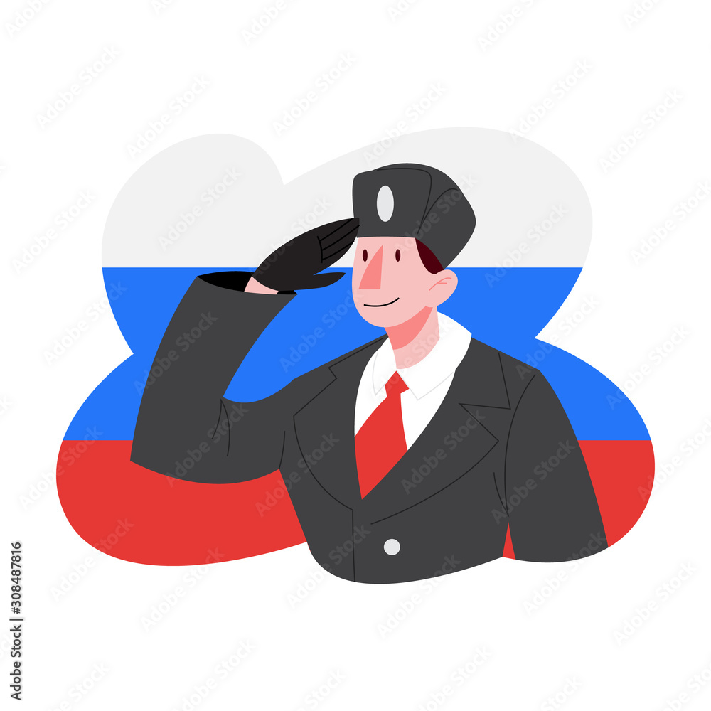 Fototapeta premium Russian soldier saluting against Russian Federation flag