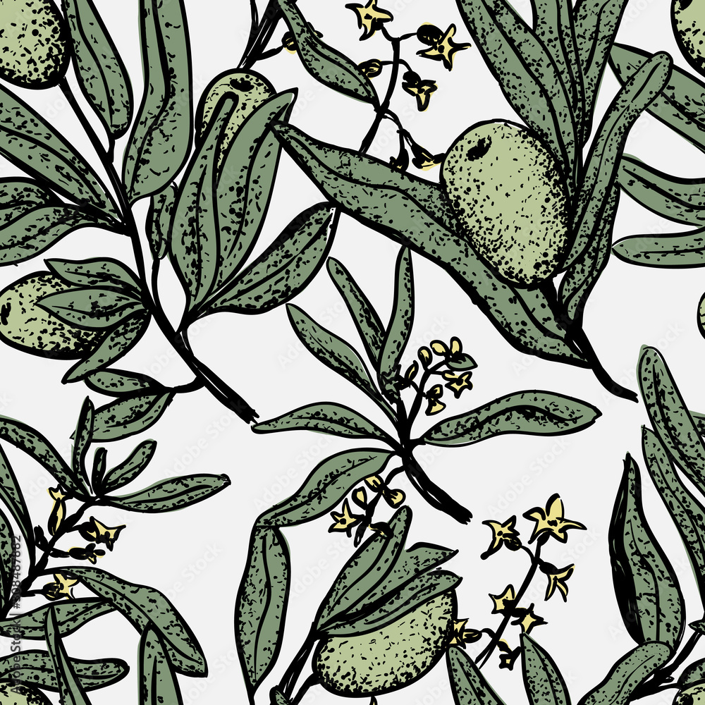 Fototapeta Vector seamless pattern with olive hand drawn elements. Floral ornament with olive leaves and branches