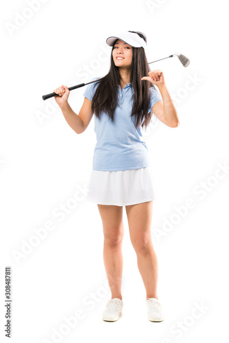 Young asian golfer girl over isolated white background proud and self-satisfied