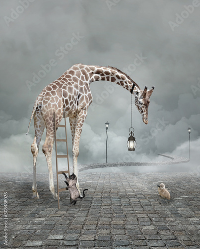 Find a friend – Surreal conceptual illustration of a giraffe meeting a baby chicken