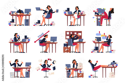 Deadline concept set. Idea of many work and few time. Employee in a hurry.