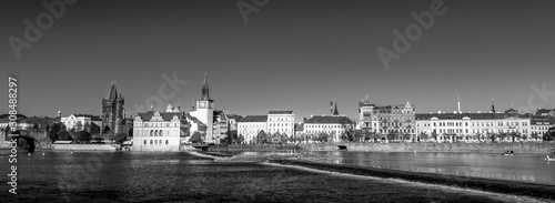 Charles bridge and Prague Castle panorama. Capital of the Czech republic. Sunny day. Black and white photo. photo