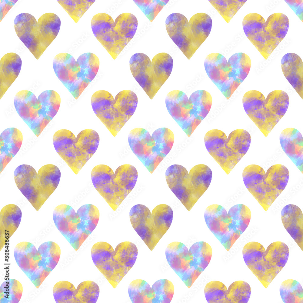 Seamless pattern of yellow, purple and blue watercolor hearts, hand drawn on a white background