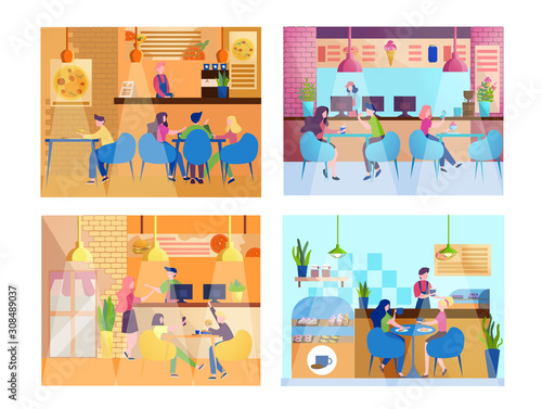People having lunch in restaurant. Female and male characters eating in cafe.