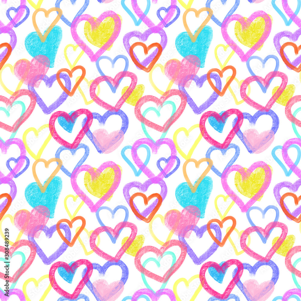 Seamless pattern of simple colorful hearts, hand drawn on a white background Seamless pattern of simple colorful hearts, hand drawn on a white background
