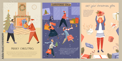 Set of vector Christmas market flyers. Illustrations of funny cartoon people and Santa Claus. Image for banner design for the big Christmas sale