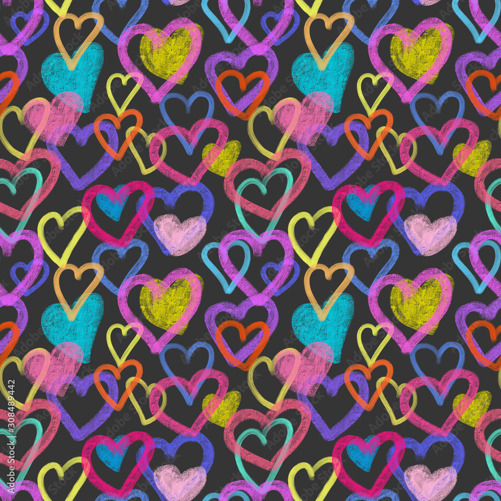 Seamless pattern of simple colorful hearts, hand drawn on a dark background Seamless pattern of simple colorful hearts, hand drawn on a dark background