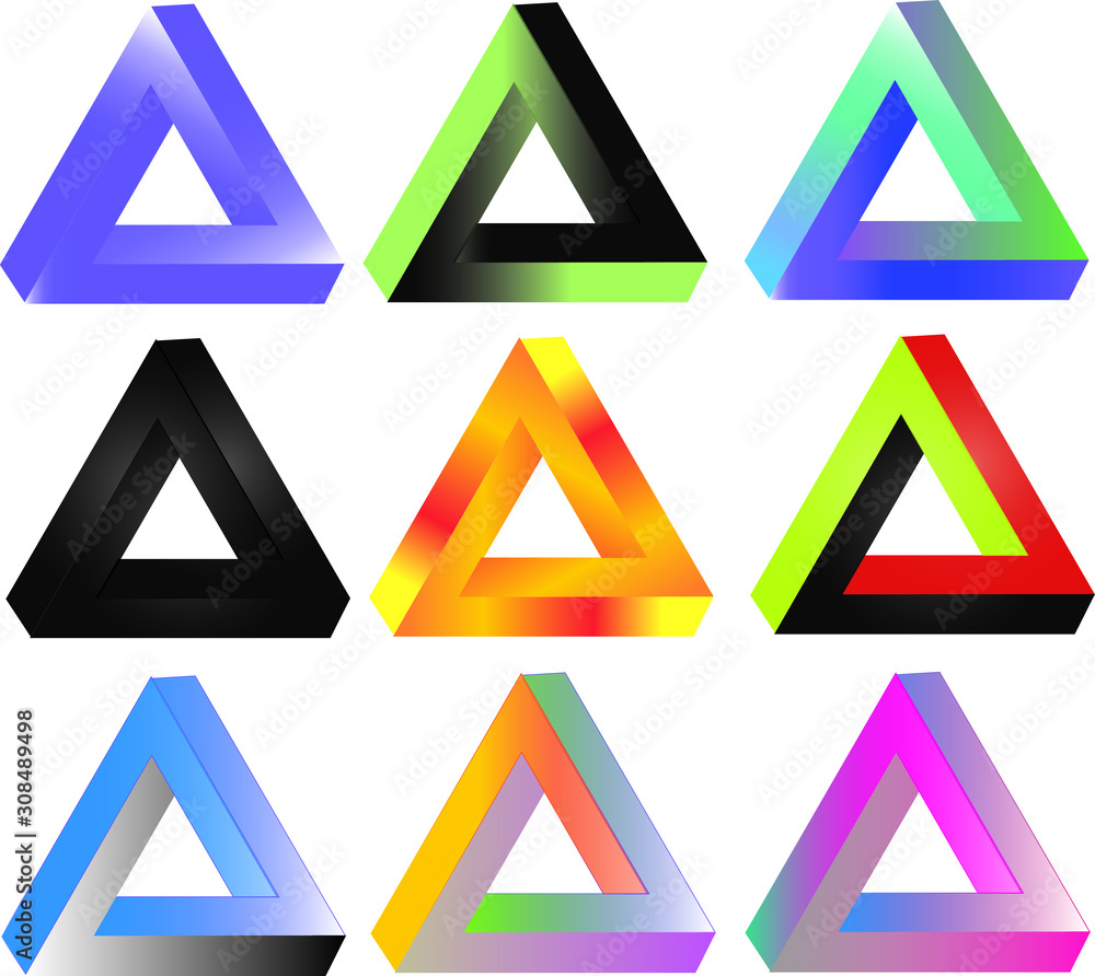 Impossible triangle. A paradoxical figure. Geometric focus. Triangles of different colors and gradients. Set of illustrations for decoration. Multi-colored figures made of ribbon. Impossible triangle. A paradoxical figure. Geometric focus. Triangles of different colors and gradients. Set of illustrations for decoration. Multi-colored figures made of ribbon.