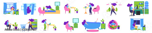 Daily routine of a woman set. Girl having breakfast in the morning, work .