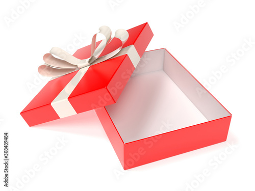 Christmas box. Gift box decorated with shiny silver ribbon. 3d rendering illustration