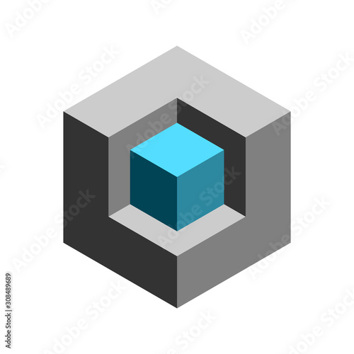 3D isometric box shape. Small cube in a big cube. Abstract dimensional box object. Square geometric figure. Cube in a hexagon optical illusion. Box in a niche. Visual trick. Vector illustration.