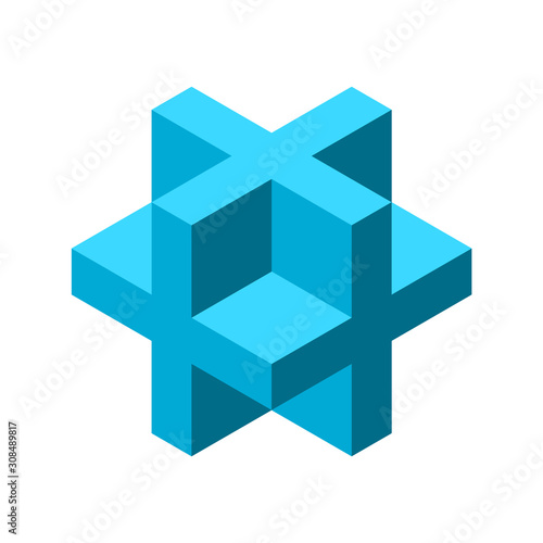 Blue 3D cross or plus sign. Dimensional letter X. Isometric cube shape made of crosses. Necker cube figure. Abstract geometric object. Sacred geometry. Logo design. Vector illustration, clip art. 