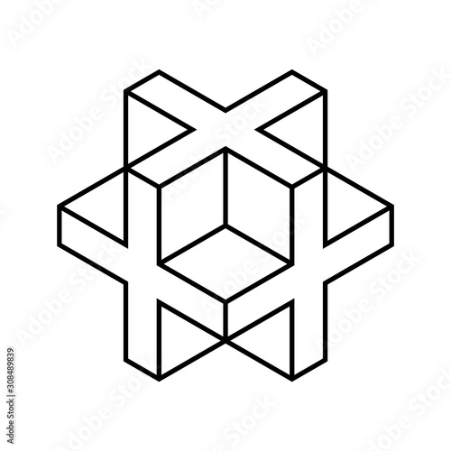 Linear 3D cross or plus sign. Isometric cube shape made of crosses. Necker cube figure outline. Abstract geometric object. Sacred geometry. Line drawing logo design. Vector illustration, clip art. 