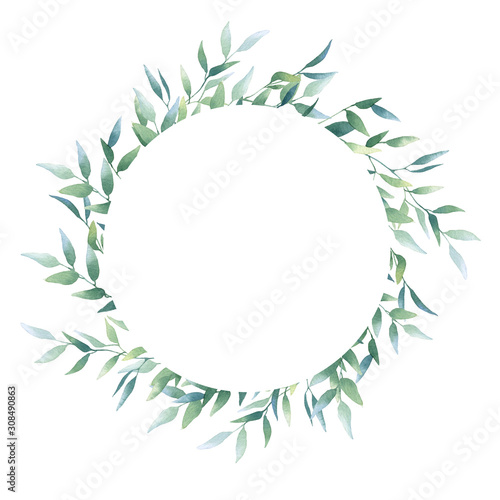 Hand drawn watercolor wreath with picturesque green branches isolated on a white background. Ideal for creating  invitations  greeting cards. Floral illustration. Botanical composition. 