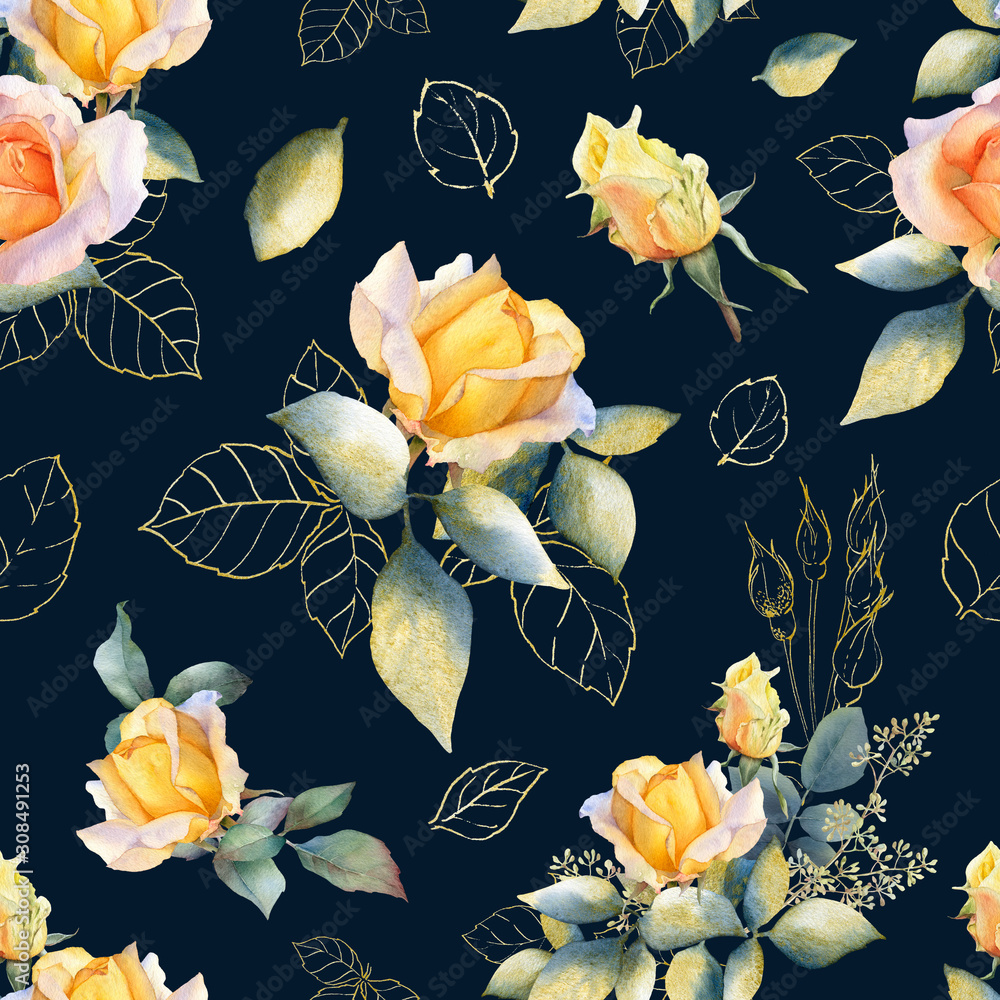 Picturesque seamless pattern with rose arrangements, gold leaves and rosebuds hand drawn in watercolor isolated on a dark background. Watercolor floral background. Ideal for wallpaper or fabric.