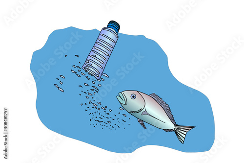 Microplastic particles in the water and inside fish. Impact of microplastic in marine ecosystem concept. Ocean pollution ecology problem. Health risk of micro plastic pieces in food. Stock vector.